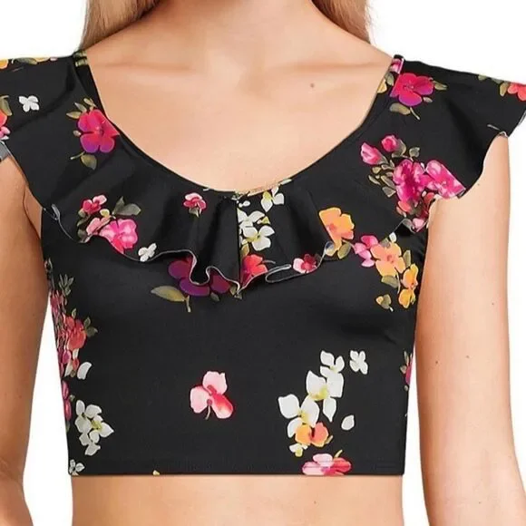 Land's End ruffle V-neck plus size black meadow floral midkini top adjust 18W - Picture 3 of 7